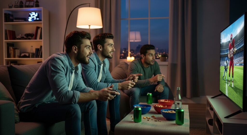 Friends playing football video games together