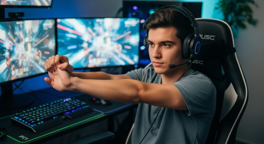 Esports athlete doing wrist stretch at gaming desk