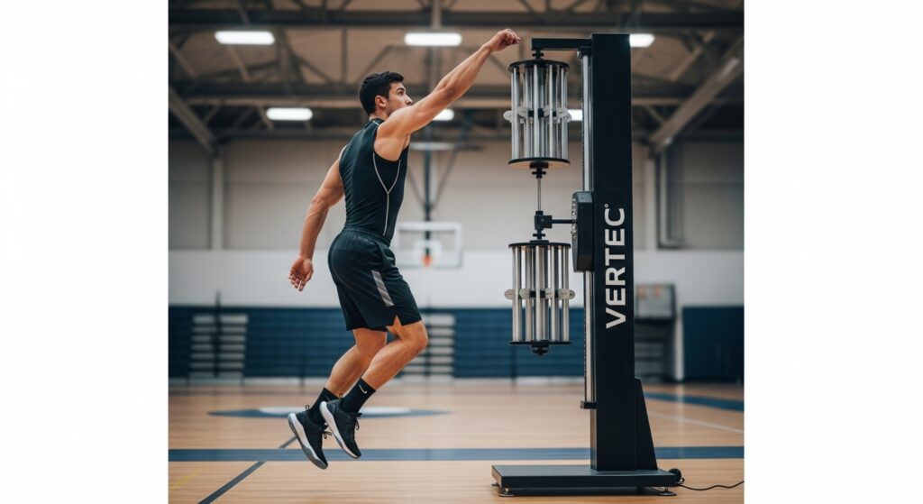 Athlete performing vertical jump measurement with Vertec device
