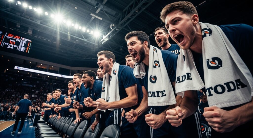 Bench players cheering during rotation changes in a basketball game