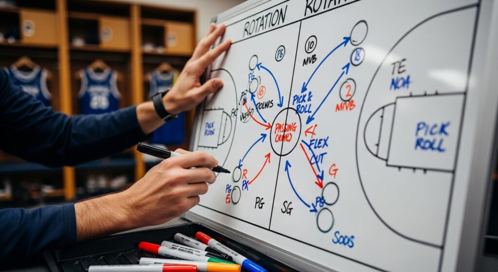 Coach sketching rotation strategy on a whiteboard