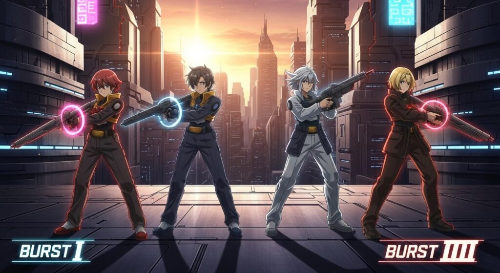 Example of a balanced Nikke team with Burst 1, Burst 2, and Burst 3 roles