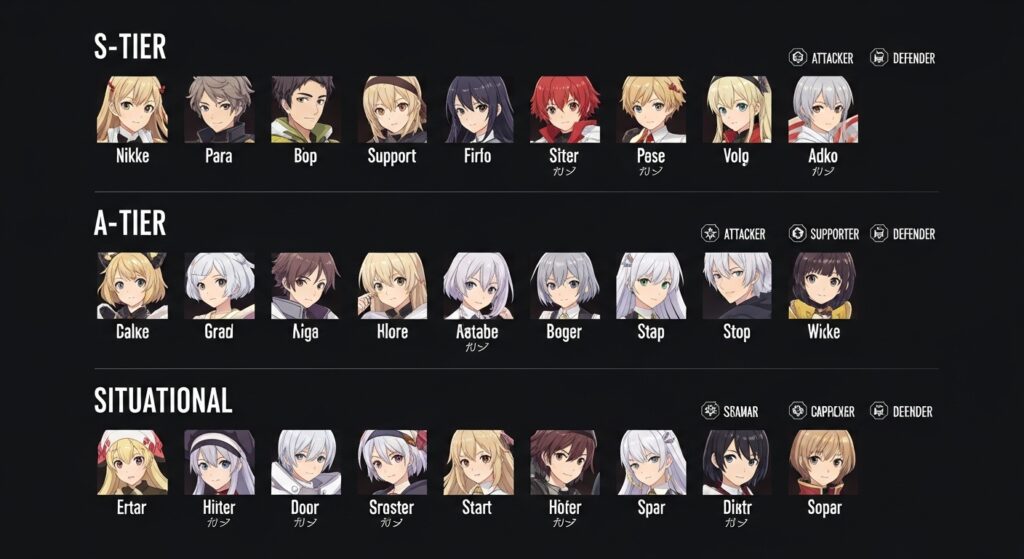 Nikke tier list chart showing S-tier, A-tier, and situational characters
