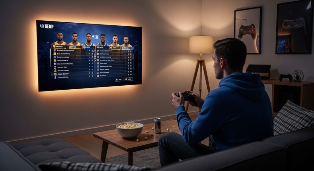 Person testing basketball team rotations in a video game