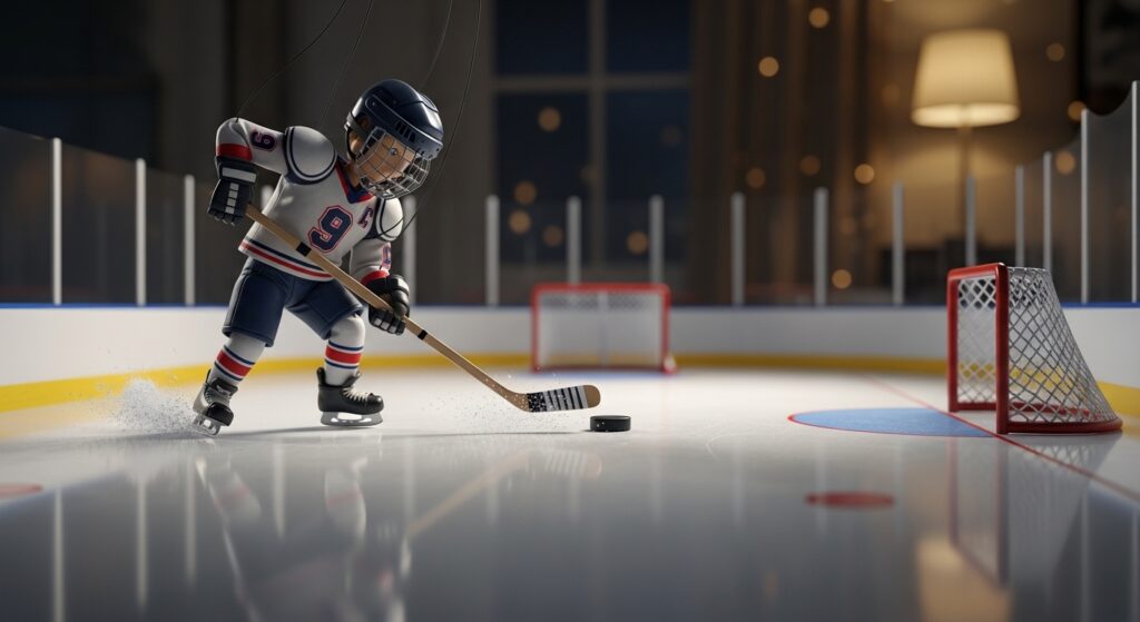 Puppet hockey player taking slapshot on tiny rink