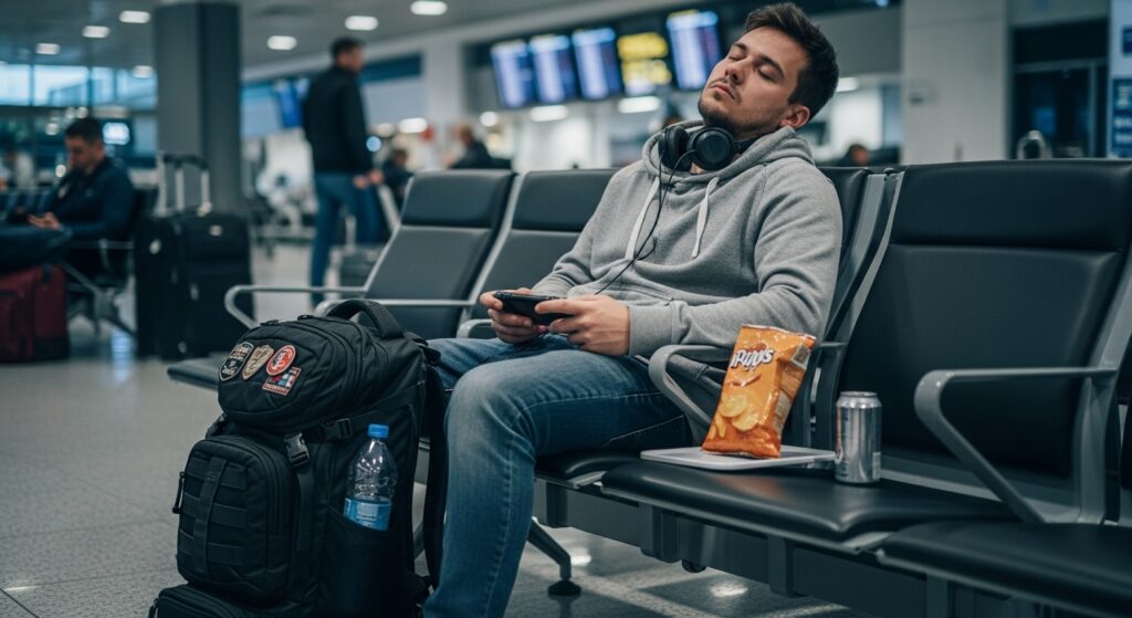 Professional gamer waiting at airport during esports travel