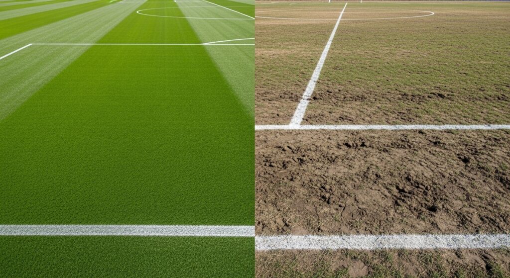 Comparison of well-maintained and worn-out soccer field surfaces