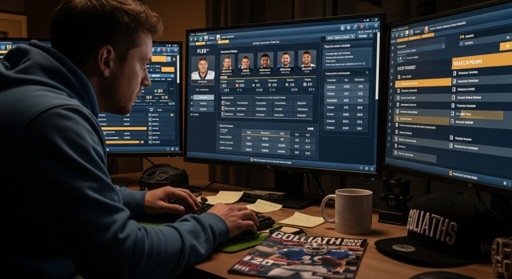 Fantasy football manager checking player matchups for flex decision