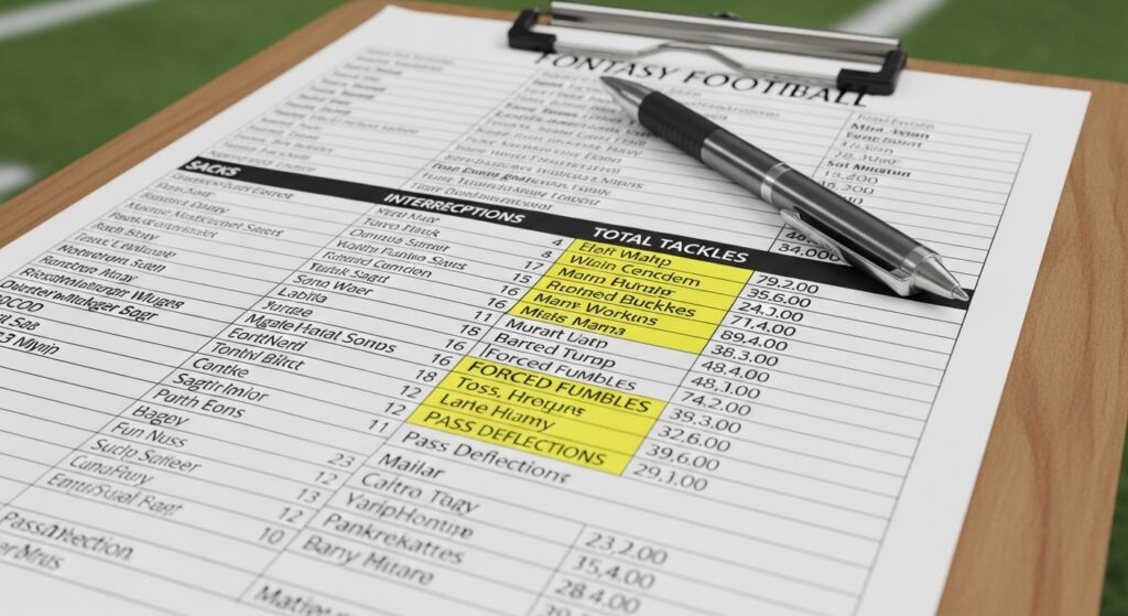 Fantasy football stat sheet highlighting total tackles column