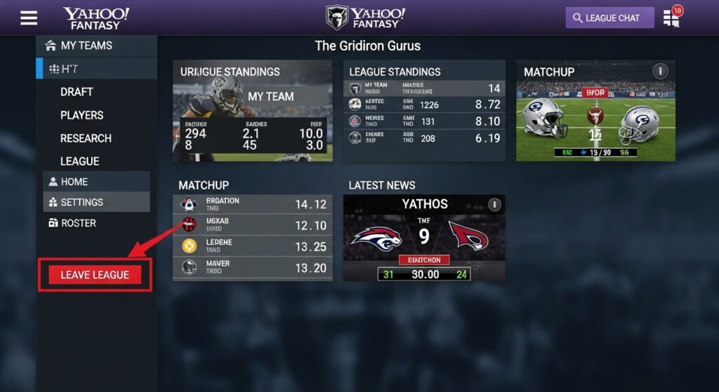 Yahoo Fantasy team management screen with leave league option