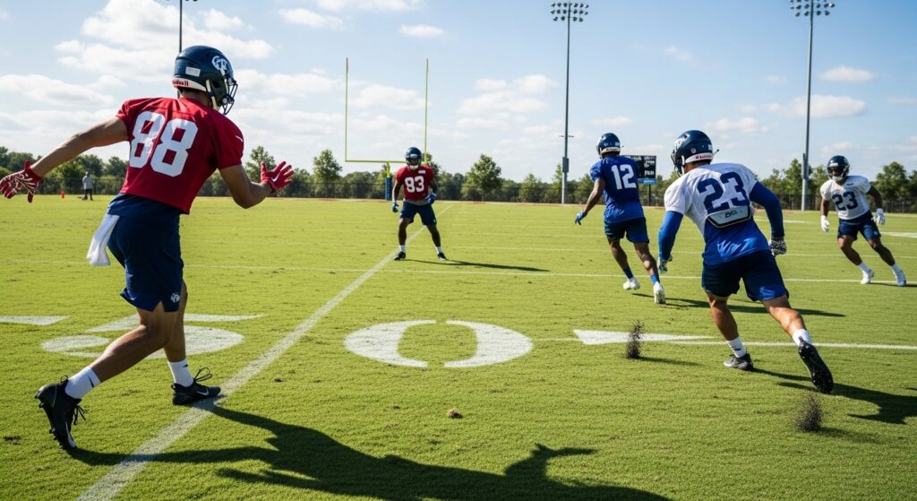 receivers practicing option routes during run and shoot offense drill