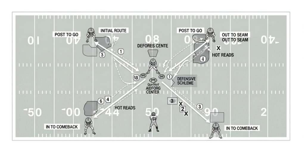 run and shoot offense route adjustments diagram with receivers changing routes