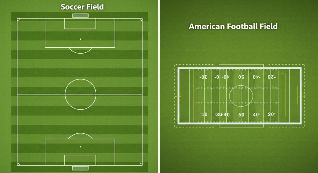 side-by-side comparison showing soccer and football field size difference