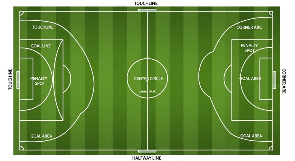 soccer field layout showing goal area, penalty box, and center circle