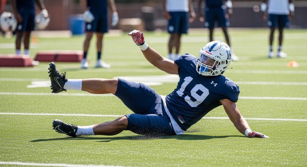 Football player slipping during a drill
