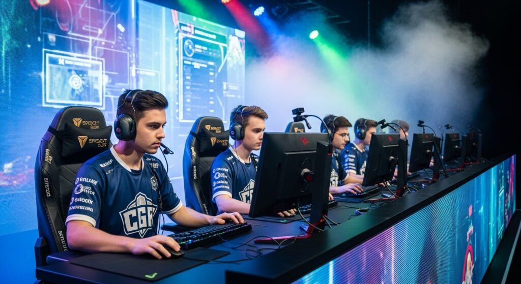 Team of esports players wearing branded jerseys on stage