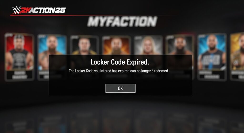 WWE 2K25 message showing expired locker code warning on MyFACTION screen
