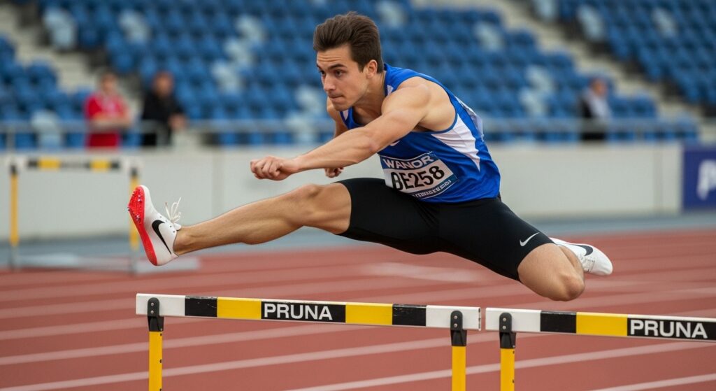 athlete clearing hurdle with compact trail leg form