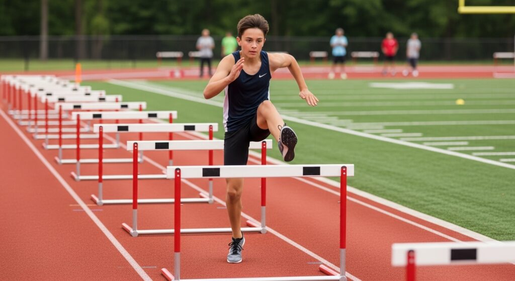 beginner hurdler practicing low hurdle drills for better rhythm and form