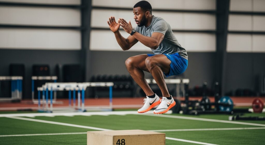 hurdler building explosive leg power with box jumps