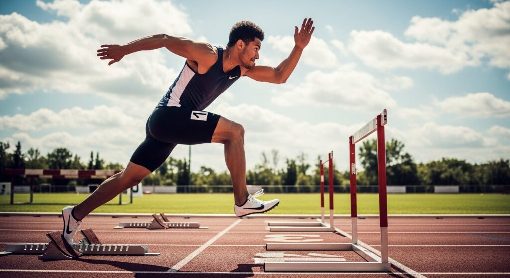 hurdler sprint start from blocks, first stride focus