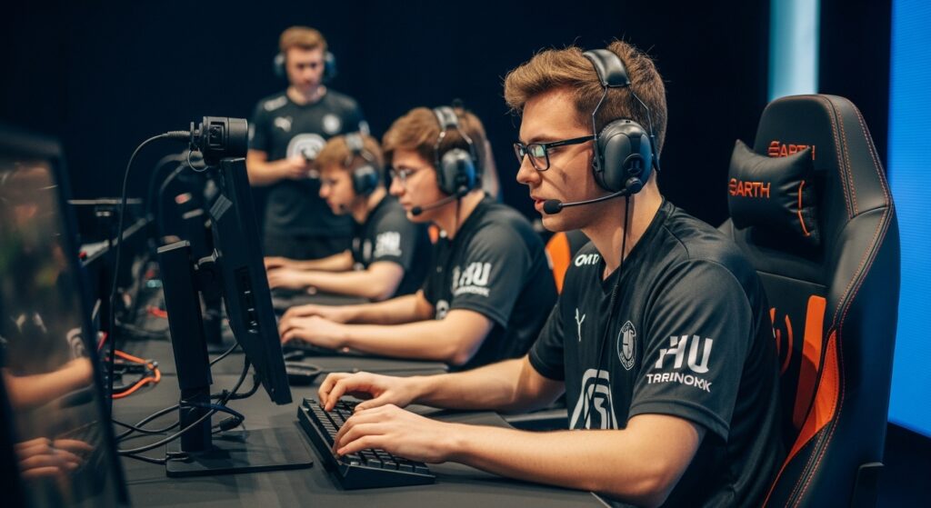 professional esports player training during team scrim session